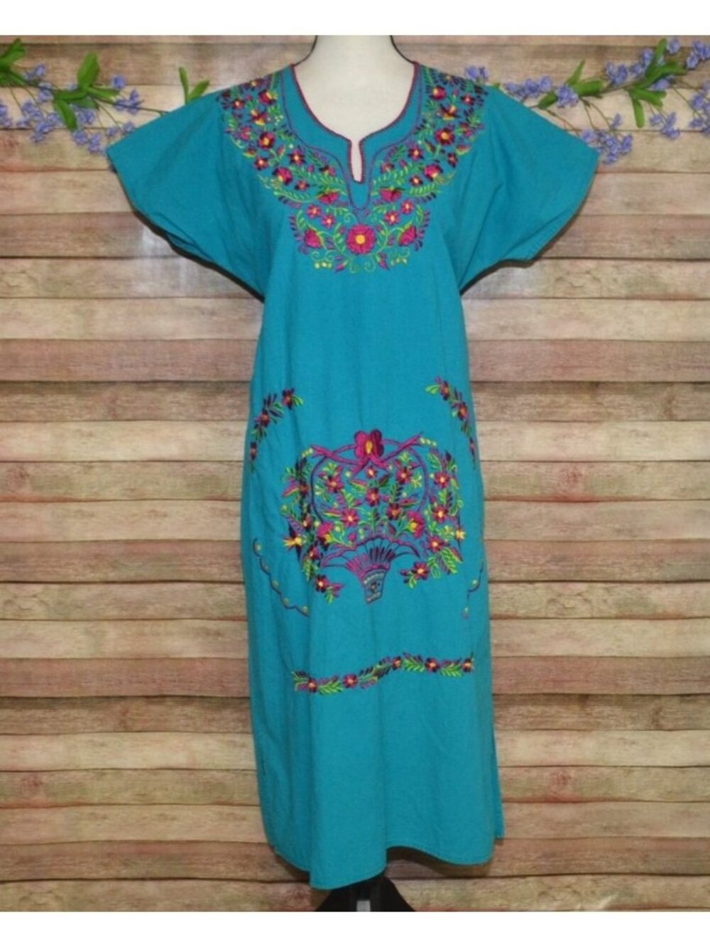 Handmade Mexican Embroidered Floral Dress Size XL Teal Aqua Boho Peasant Fiesta